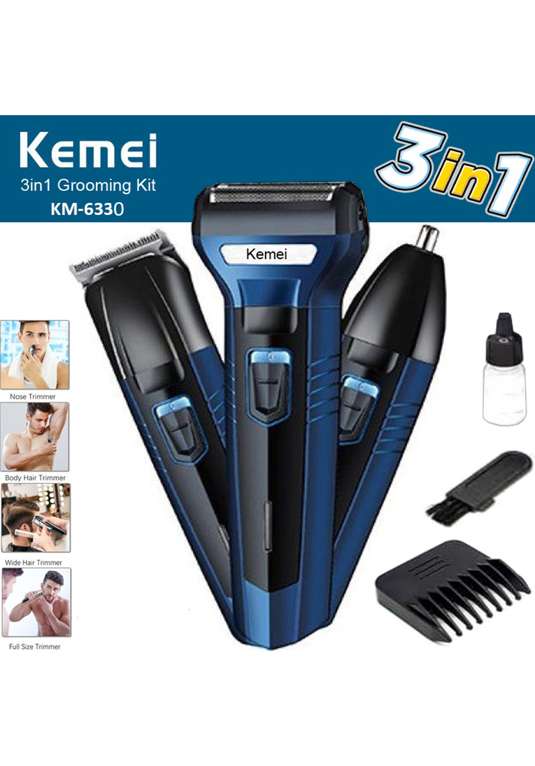 Kemei Km-6330 Trimmer 3 In 1 Professional Hair Trimmer Super Grooming Kit Shaver Clipper Nose Trimmer Kemei Km-6330 Trimmer 3 In 1 Professional Hair Trimmer Super Grooming Kit Shaver Clipper Nose Trimmer